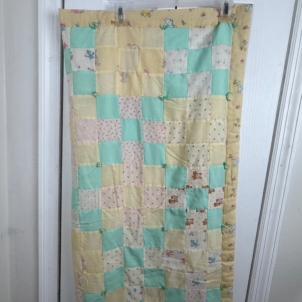 Vintage Handmade Patchwork Baby Quilt Pastel Bunny Teddy Bear Tied Blanket 38x63